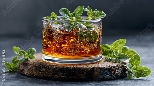 Refreshing Iced Brown Beverage with Mint Garnish photo