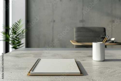 High Definition View of Neat Office Desk with Notebook Mockup