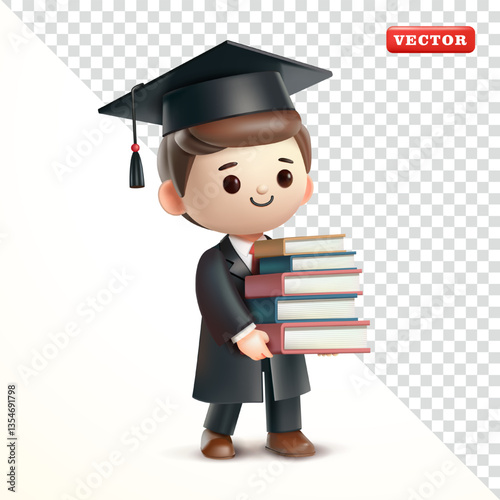 Graduation man carrying stack of books, 3D vector. Suitable for events and education