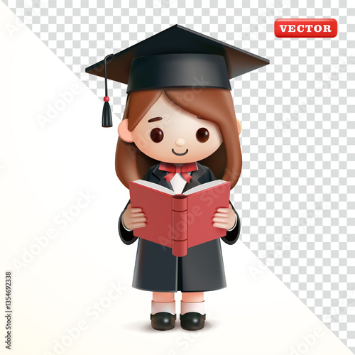 Graduation woman reading a book, 3D vector. Suitable for events and education