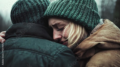 A comforting embrace amidst winter's chill, solace found in shared grief, a poignant moment captured in the woods.