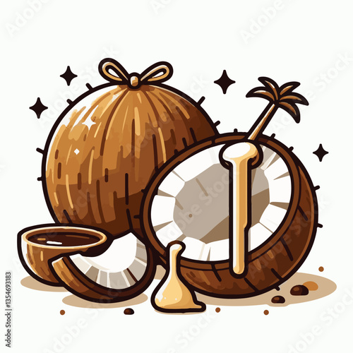 coconut, exotic, tropical, palm, isolated, food, background, fresh, leaf, cut, half, brown, coco, nature, nut, healthy, natural, fruit, white, ingredient, diet, piece, milk, shell, break, green, organ
