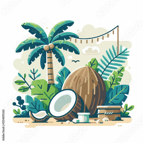 coconut, exotic, tropical, palm, isolated, food, background, fresh, leaf, cut, half, brown, coco, nature, nut, healthy, natural, fruit, white, ingredient, diet, piece, milk, shell, break, green, organ