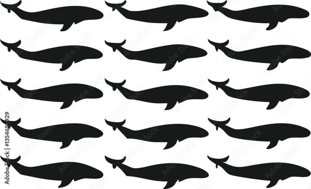 Naklejka premium A graphic design showcasing a pod of whales gracefully swimming in a coordinated pattern against a plain white background.