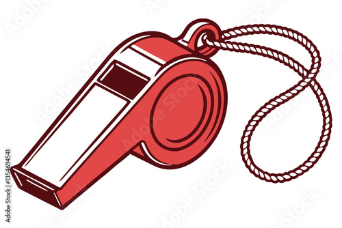 10 Red metal whistle, shiny surface, sports equipment, safety device, loud sound, circular design, metallic texture, bright color, reflective highlights, isolated on white background, studio lighting,