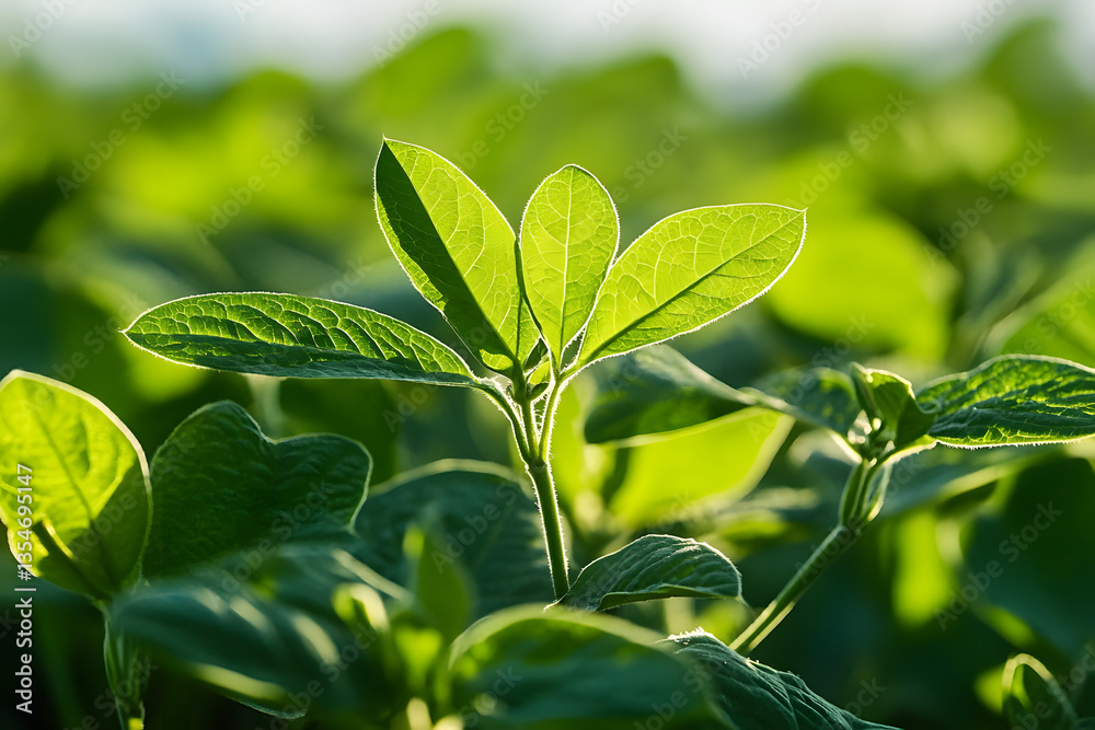 Obraz premium Green immature soy close up. Fresh green soy plants on the field in summer. Leaves soy stretch towards the sun