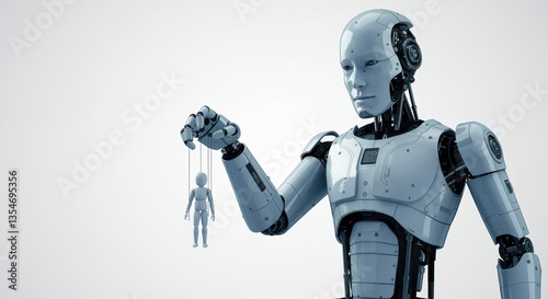 Powerful futuristic robot holding a human like a puppet, symbolizing control, manipulation, and dominance of AI in a digital world