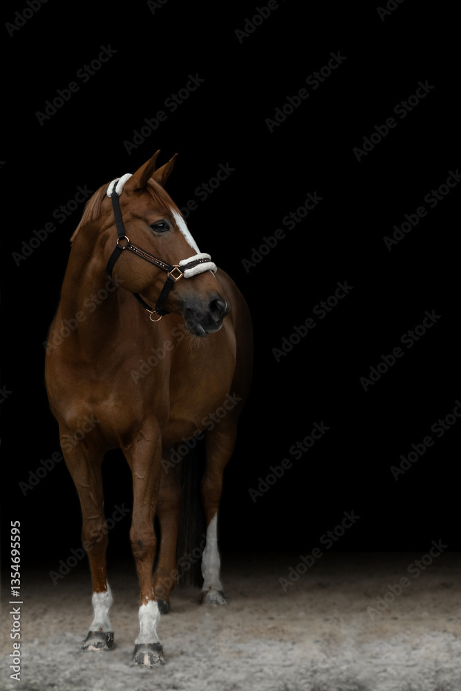 Obraz premium The portrait of brown horse in black background, fine art style