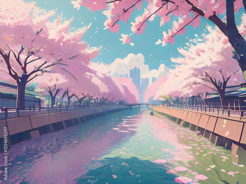 桜　油絵　満開　春　晴れ　日差し　幻想的　日本　空　和　お花見　ピンク　パステル　花　咲く　お花見　まつり　日本　桜並木　風景　イベント　フェスティバル　ピクニック　野外　和風　伝統　4月　3月
 photo