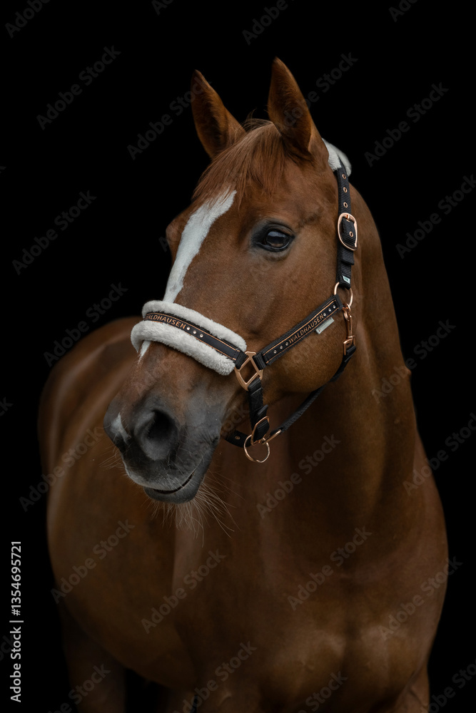 The portrait of brown horse in black background, fine art style The portrait of brown horse in black background, fine art style