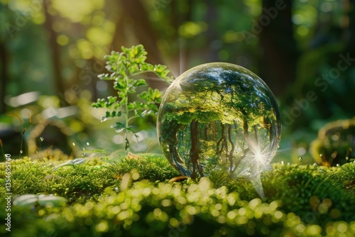 High Definition Visual of Crystal Ball on Moss in Green Forest, Environment Concept