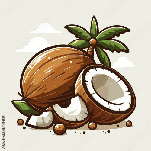 coconut, exotic, tropical, palm, isolated, food, background, fresh, leaf, cut, half, brown, coco, nature, nut, healthy, natural, fruit, white, ingredient, diet, piece, milk, shell, break, green, organ