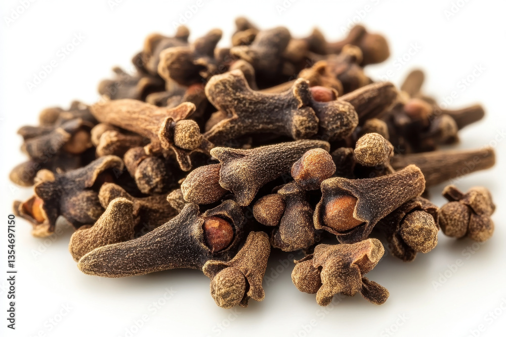 Fototapeta premium Cloves scattered on white background with soft lighting, creating a simple and elegant composition.