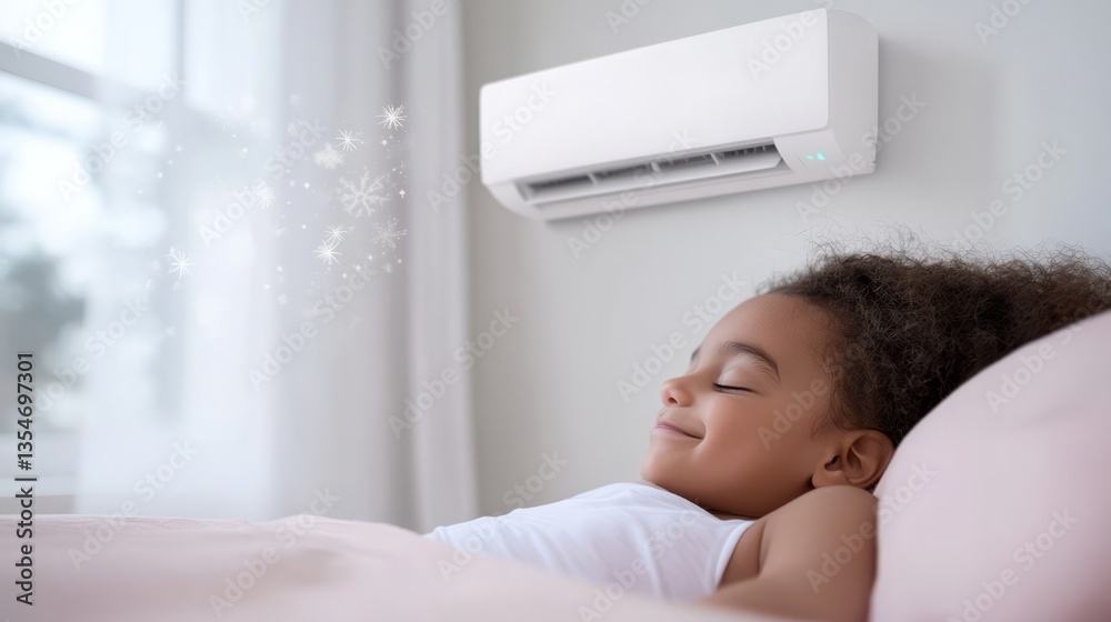 Child Sleeping Peacefully Under Air Conditioner with Cozy Atmosphere and Soft Lighting in a Calm Bedroom Environment Child Sleeping Peacefully Under Air Conditioner with Cozy Atmosphere and Soft Lighting in a Calm Bedroom Environment