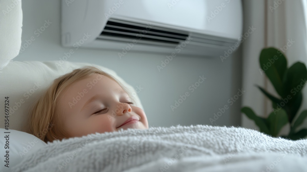 Peaceful Sleeping Child in Cozy Bed with Soft Blanket and Air Conditioner in Modern Room Setting Peaceful Sleeping Child in Cozy Bed with Soft Blanket and Air Conditioner in Modern Room Setting