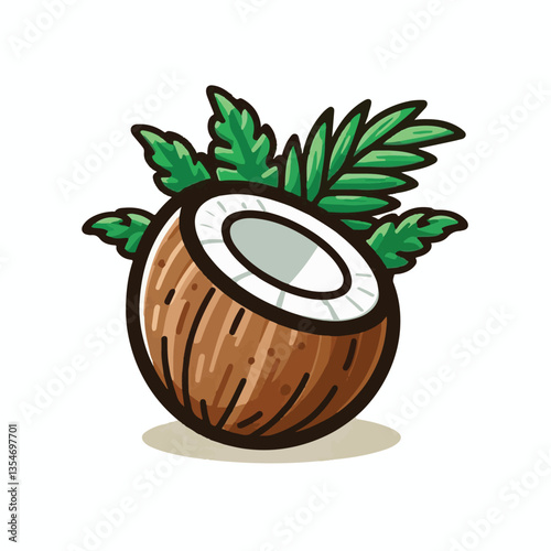 coconut, exotic, tropical, palm, isolated, food, background, fresh, leaf, cut, half, brown, coco, nature, nut, healthy, natural, fruit, white, ingredient, diet, piece, milk, shell, break, green, organ