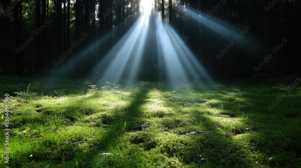 Obraz premium Sunlight streams through a dark forest. Sunlight beams pierce the canopy, illuminating a mossy forest floor