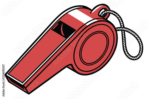10 Red metal whistle, shiny surface, sports equipment, safety device, loud sound, circular design, metallic texture, bright color, reflective highlights, isolated on white background, studio lighting,