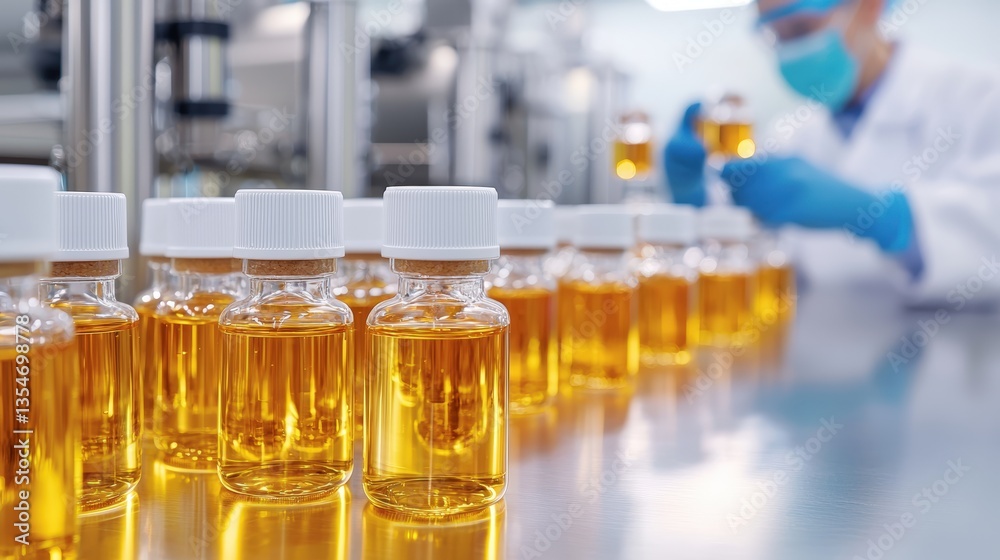 A laboratory scene with glass bottles filled with golden liquid, while a masked technician prepares a sample.