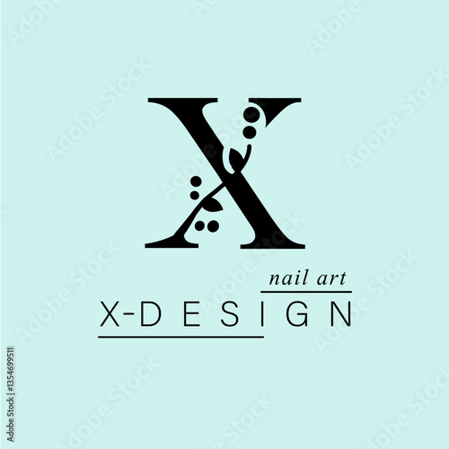 Logo, capital letter X. Monogram of Botanical Minimalistic, Initial. with Organic Plant Elements. Vector design. for tattoo studio