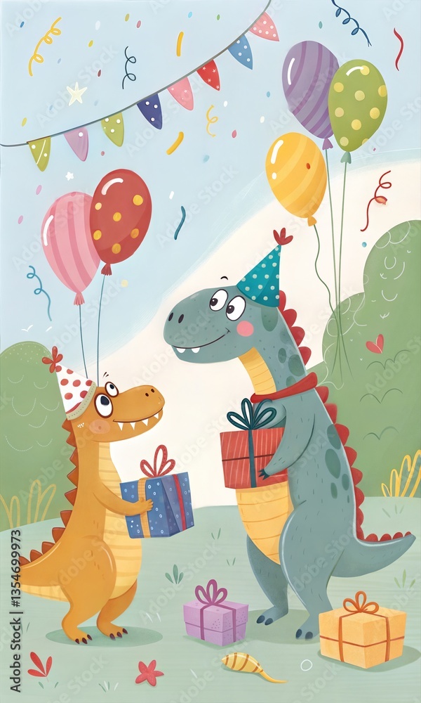 Fototapeta premium Fun Dinosaur Birthday Party Celebration with Gifts 