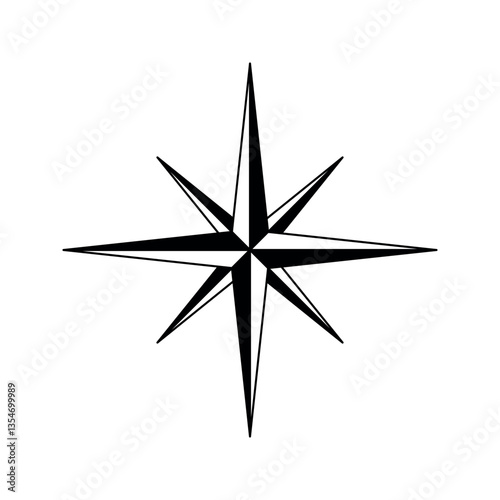 Compass Rose Icon on White Background.  Minimalist black and white compass rose symbol with sharp directional points, often used in navigation and maps