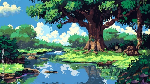 Visualize a pixelated forest, where every tree and leaf is made of tiny, colorful squares. 