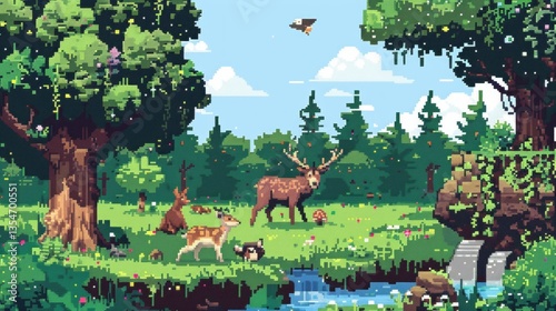 Visualize a pixelated forest, where every tree and leaf is made of tiny, colorful squares. 