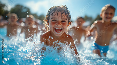  Several Children Splashing Water in Bright Blue Pool Under Summer Sun