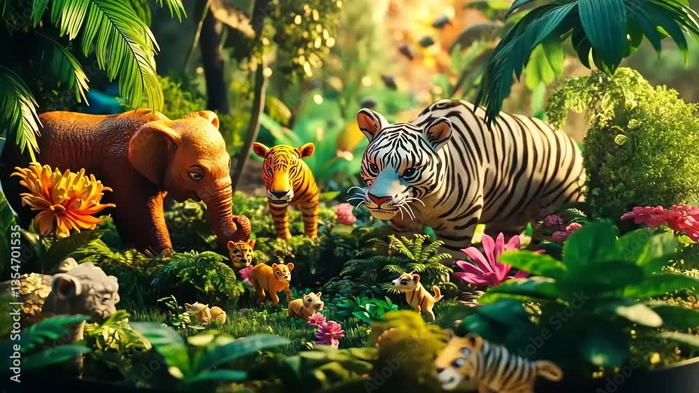 Jungle Harmony: A whimsical tableau of jungle animals in vibrant harmony, capturing the essence of peaceful coexistence within a lush tropical paradise.