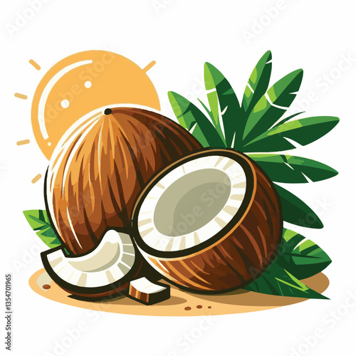 coconut, exotic, tropical, palm, isolated, food, background, fresh, leaf, cut, half, brown, coco, nature, nut, healthy, natural, fruit, white, ingredient, diet, piece, milk, shell, break, green, organ