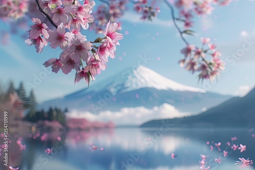 High Resolution of Pink Cherry Blossom in Full Bloom in Front of Mount Fuji