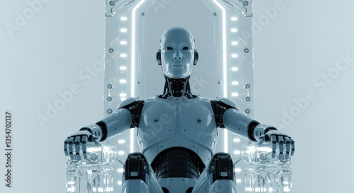 Futuristic robot sitting on a high-tech throne, symbolizing power, intelligence, and advanced digital dominance in a sci-fi world