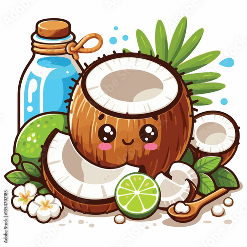 coconut, exotic, tropical, palm, isolated, food, background, fresh, leaf, cut, half, brown, coco, nature, nut, healthy, natural, fruit, white, ingredient, diet, piece, milk, shell, break, green, organ