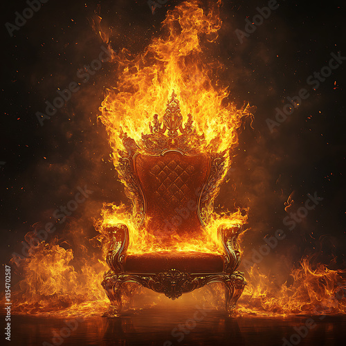 A majestic throne engulfed in flames, symbolizing power and destruction in a dark background