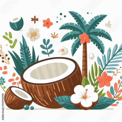 coconut, exotic, tropical, palm, isolated, food, background, fresh, leaf, cut, half, brown, coco, nature, nut, healthy, natural, fruit, white, ingredient, diet, piece, milk, shell, break, green, organ
