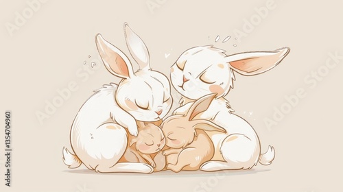 Visualize a vector rabbit family, with parents and baby rabbits cuddled together. 