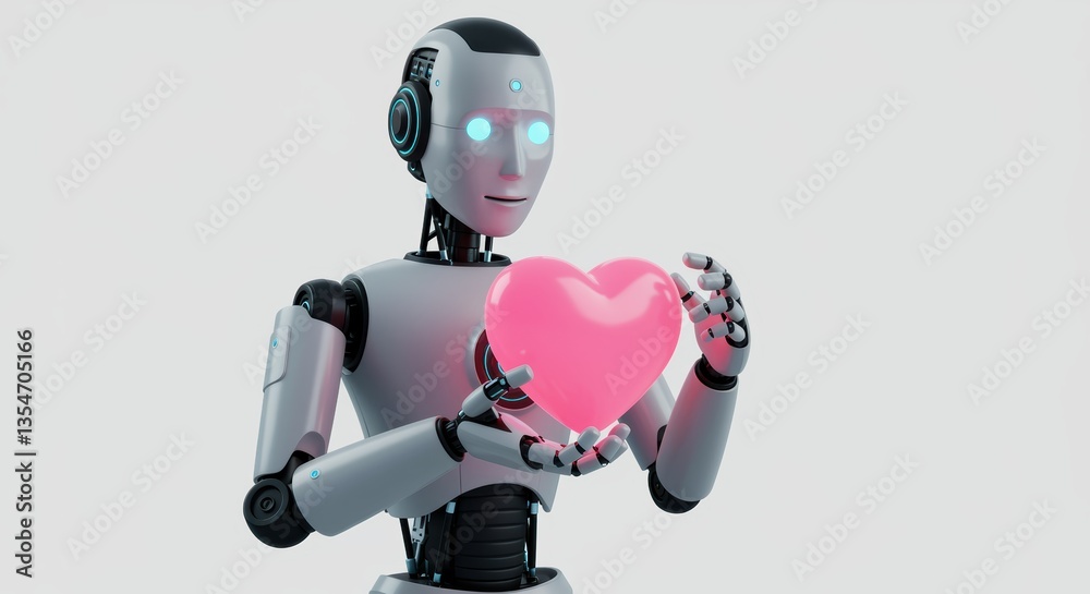 Futuristic robot holding a glowing warm heart, symbolizing emotions and human connection in a clean digital environment Futuristic robot holding a glowing warm heart, symbolizing emotions and human connection in a clean digital environment