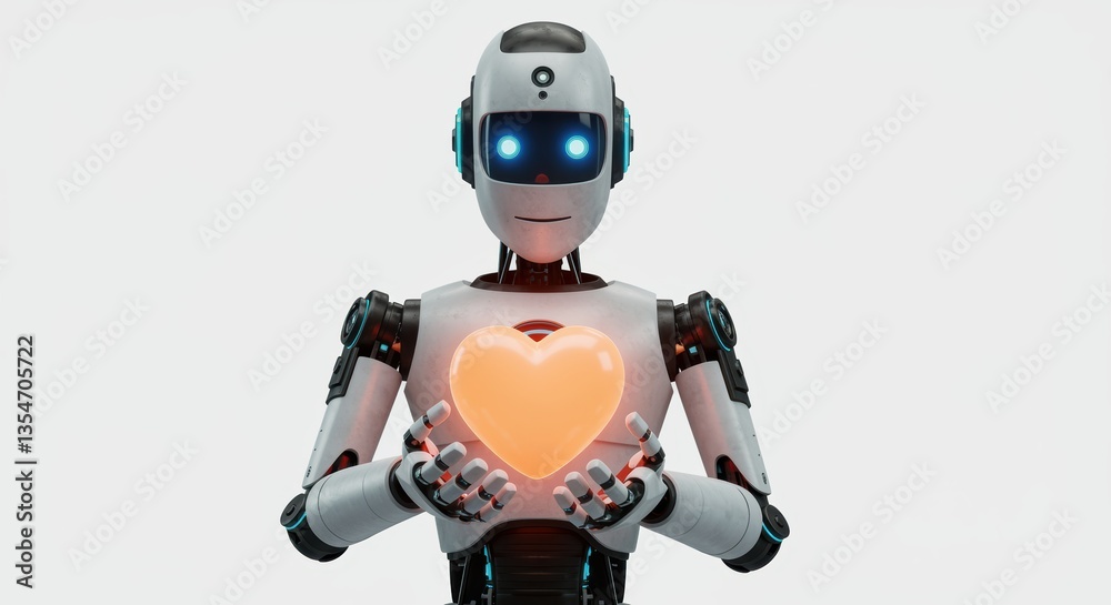 Futuristic robot holding a glowing warm heart, symbolizing emotions and human connection in a clean digital environment Futuristic robot holding a glowing warm heart, symbolizing emotions and human connection in a clean digital environment