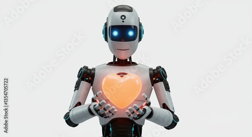 Futuristic robot holding a glowing warm heart, symbolizing emotions and human connection in a clean digital environment