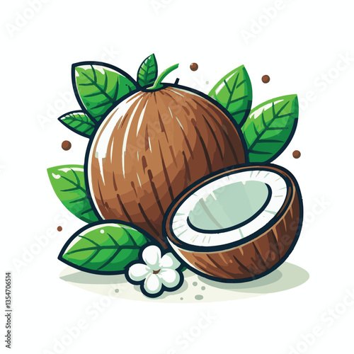 coconut, exotic, tropical, palm, isolated, food, background, fresh, leaf, cut, half, brown, coco, nature, nut, healthy, natural, fruit, white, ingredient, diet, piece, milk, shell, break, green, organ