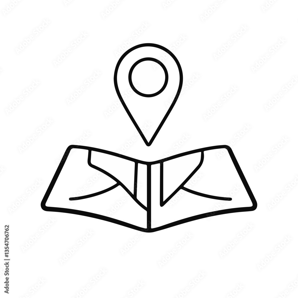 Map icon with location pin in simple line art style Map icon with location pin in simple line art style