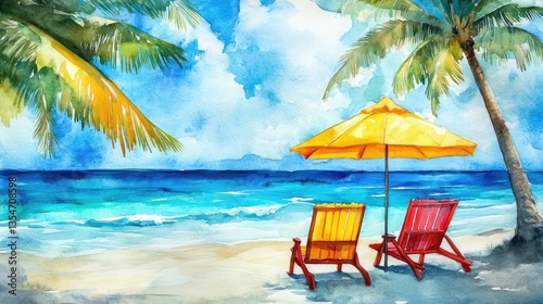 Watercolor illustration of a tropical beach scene with two umbrellas
