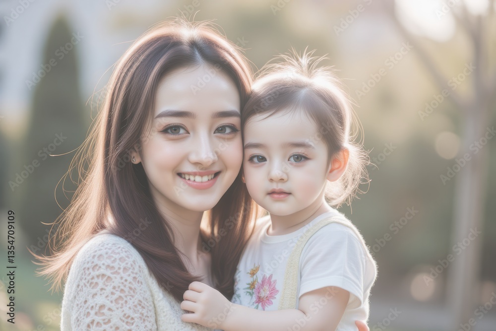 Obraz premium Happy Asian Mother Holding Adorable Toddler Daughter Outdoors in Sunny Park, Family Bonding, Motherhood