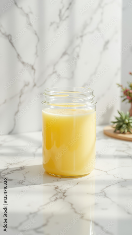 A jar containing yellow-orange beef tallow on a marble countertop. A jar containing yellow-orange beef tallow on a marble countertop.