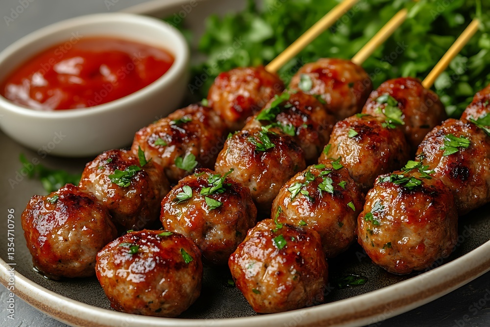 Glazed Meatballs on Skewers with Parsley and Tomato Dip, CloseUp Food Presentation Glazed Meatballs on Skewers with Parsley and Tomato Dip, CloseUp Food Presentation