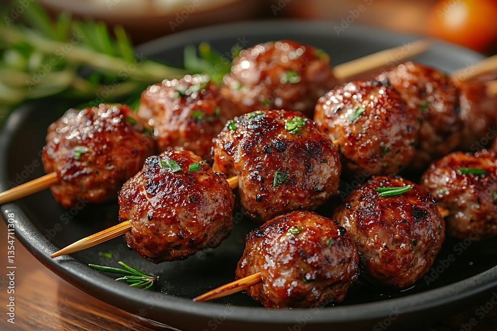 Skewered Meatballs on Black Plate with Rosemary Garnish, CloseUp, Delicious Appetizer Skewered Meatballs on Black Plate with Rosemary Garnish, CloseUp, Delicious Appetizer