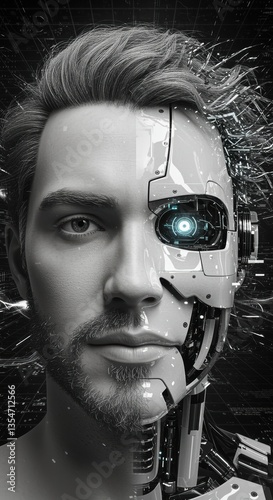 Close-up vertical view of a half human, half robot face with futuristic details and high-tech digital background lighting