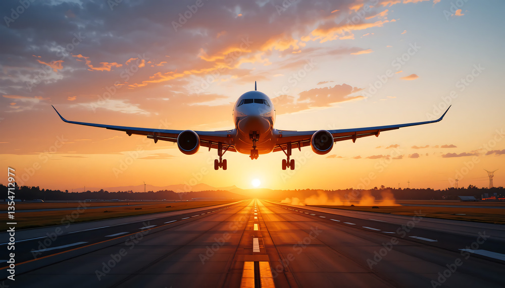 Fototapeta premium Airplane Landing Sunset Runway.