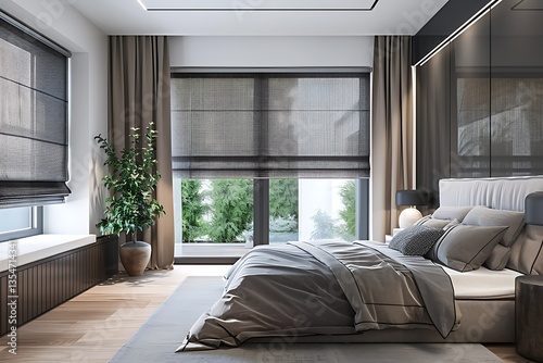 A set of smart blinds with remote control and smartphone app compatibility, installed in a modern bedroom